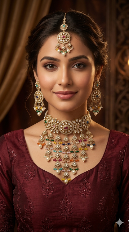 Antique Multicolor Waterfall Moissanite Kundan Choker Jewellery Sarah Set