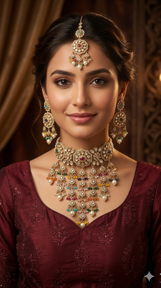 Antique Multicolor Waterfall Moissanite Kundan Choker Jewellery Sarah Set