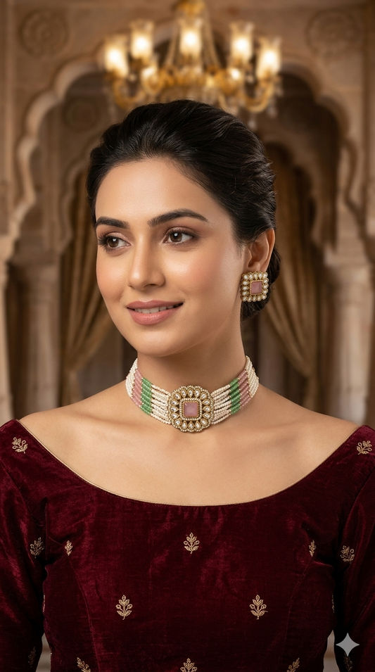 Antique Mint Pink Moissanite Kundan Choker Jewellery Abby Set