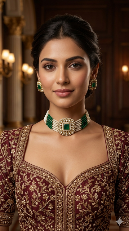 Antique Green Moissanite Kundan Choker Jewellery Abby Set