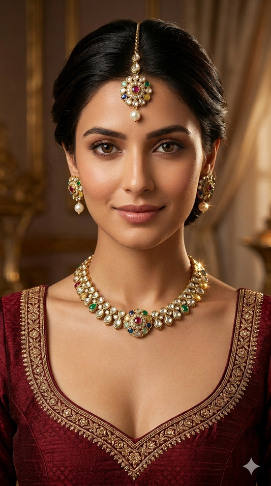 Antique Gold Multicolor Moissanite Kundan Necklace Jewellery Aya Set