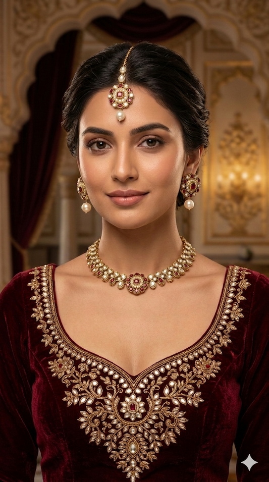 Antique Gold Maroon Moissanite Kundan Necklace Jewellery Aya Set