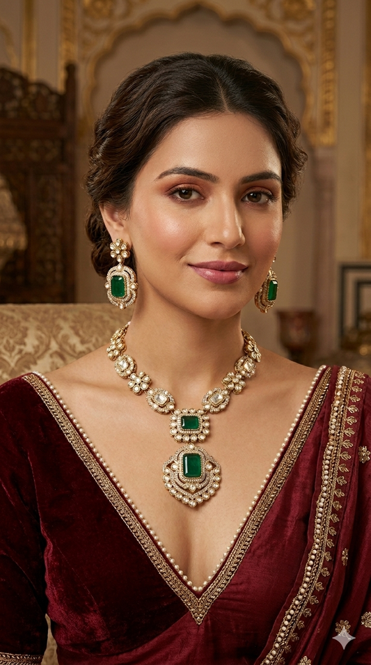 Antique Gold Green Moissanite Kundan Necklace Jewellery Hemu Set