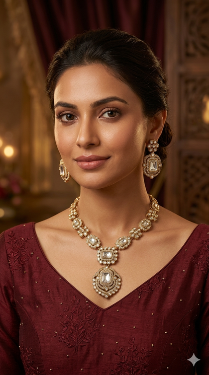 Antique Gold Mint pink Moissanite Kundan Necklace Jewellery Hemu Set