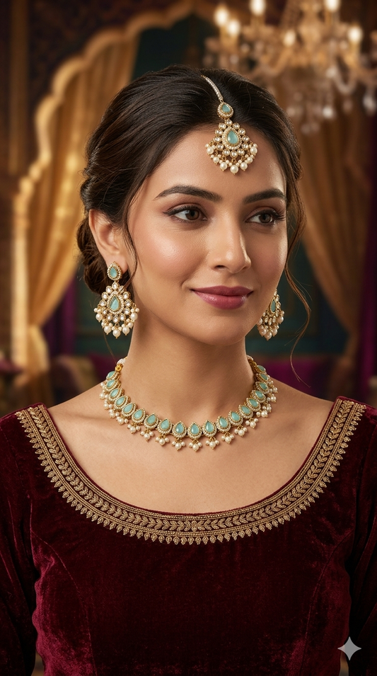 Antique Gold Pista Moissanite Kundan Necklace Jewellery Semu Set