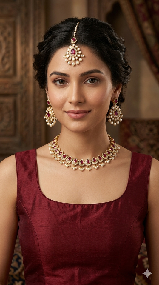 Antique Gold Maroon Moissanite Kundan Necklace Jewellery Semu Set