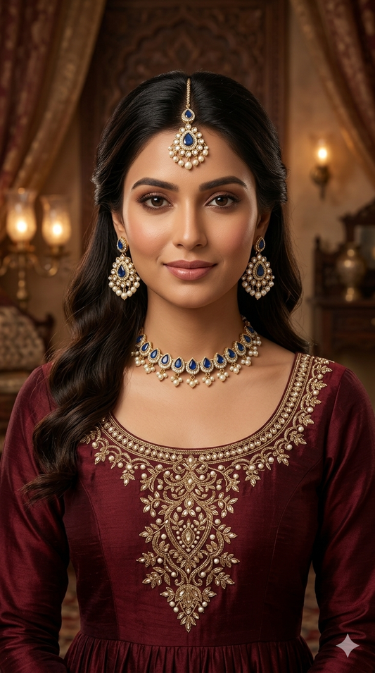 Antique Blue Moissanite Kundan Necklace Jewellery Semu Set