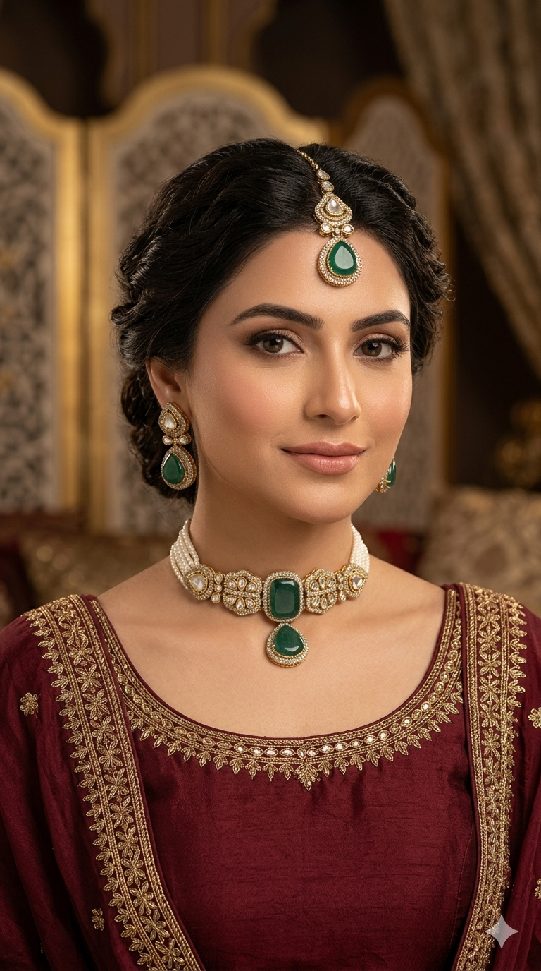 Antique Green Moissanite Kundan Choker Jewellery Letin Set