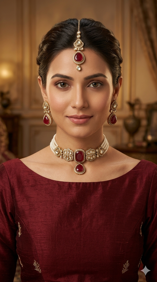 Antique Maroon Moissanite Kundan Choker Jewellery Latin Set