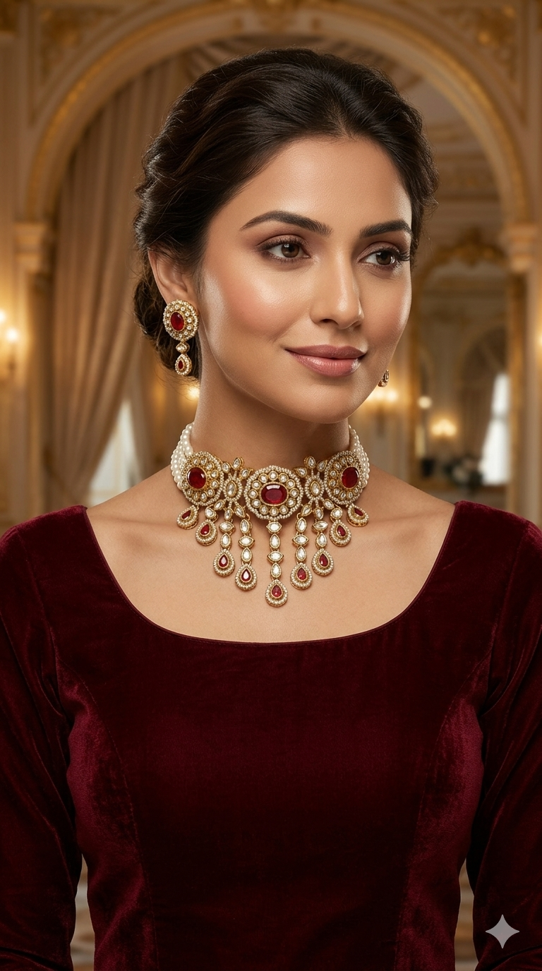 Antique Maroon Moissanite Kundan Choker Jewellery Soza Set