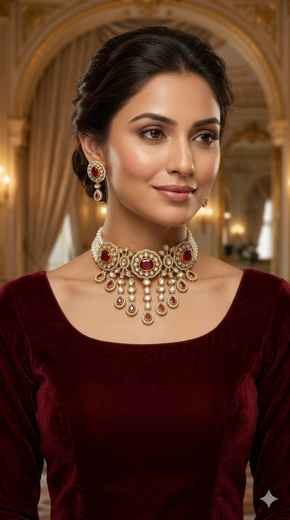 Antique Maroon Moissanite Kundan Choker Jewellery Soza Set