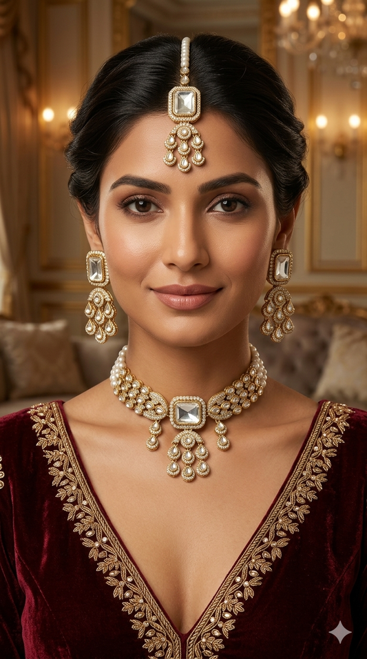 Antique Moissanite Kundan Choker Jewellery Soza Set