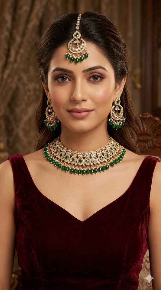Antique Moissanite Green Kundan Necklace Jewellery Minno Set