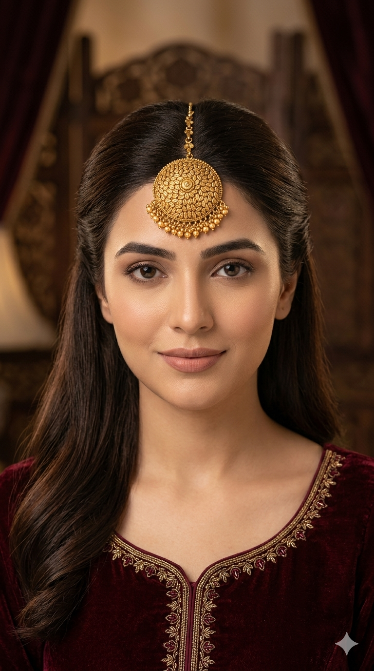 Gold polki Tikka Jewellery Indian Headpiece Niram Jewellery