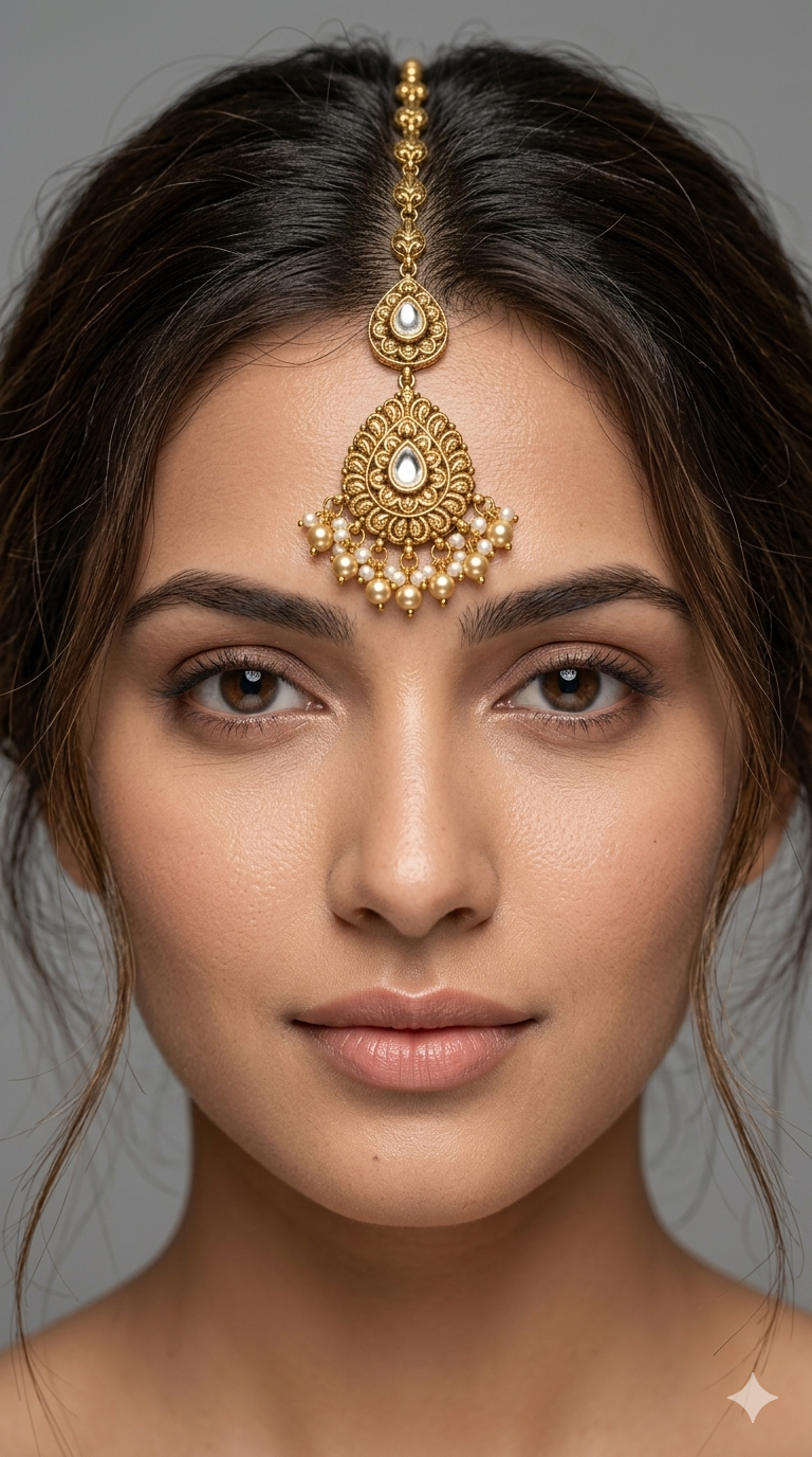 Gold polki Tikka Jewellery Indian Headpiece Niram Jewellery