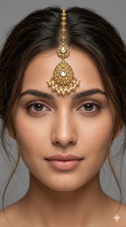 Gold polki Tikka Jewellery Indian Headpiece Niram Jewellery