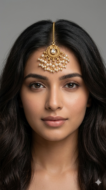 Gold polki Tikka Jewellery Indian Headpiece Niram Jewellery