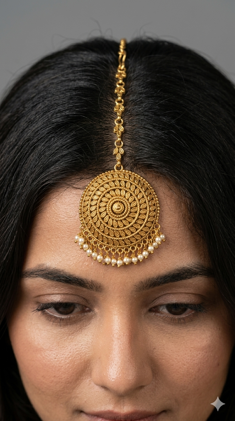Gold polki Tikka Jewellery Indian Headpiece Niram Jewellery