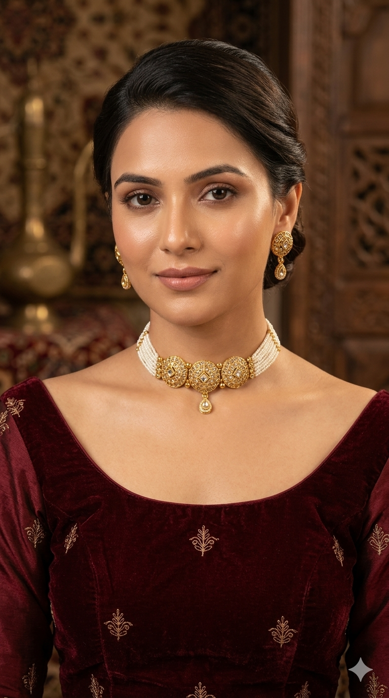 Gold Polki Choker Jewellery Bini Set