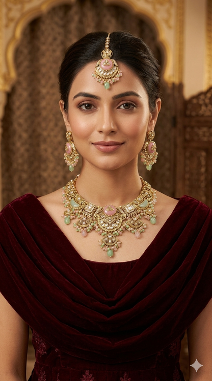 Gold Mint Pink Kundan Necklace Sugam sets