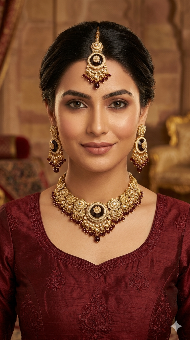 Gold Maroon Kundan Necklace Gori sets