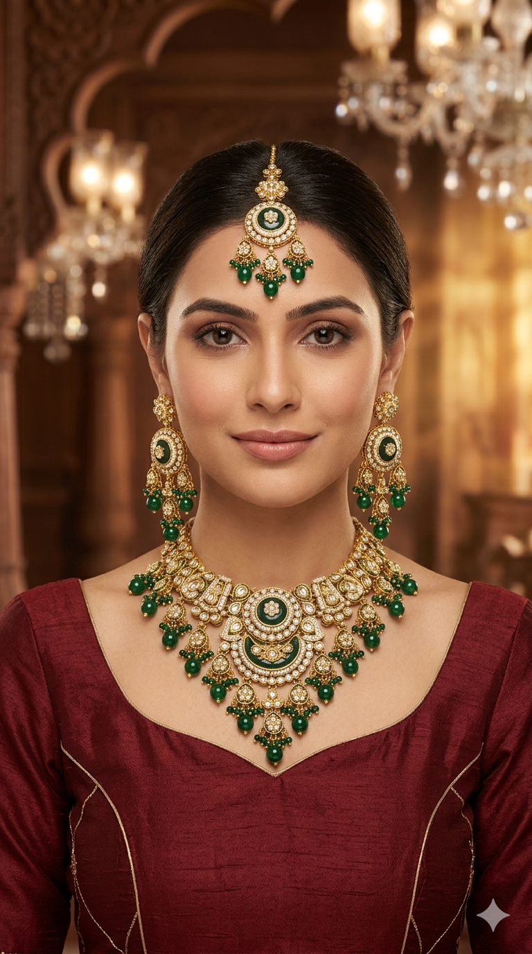 Gold Green Kundan Necklace Ravina sets