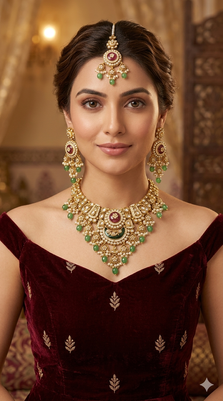 Gold Ruby Sage Green Kundan Necklace Ravina sets