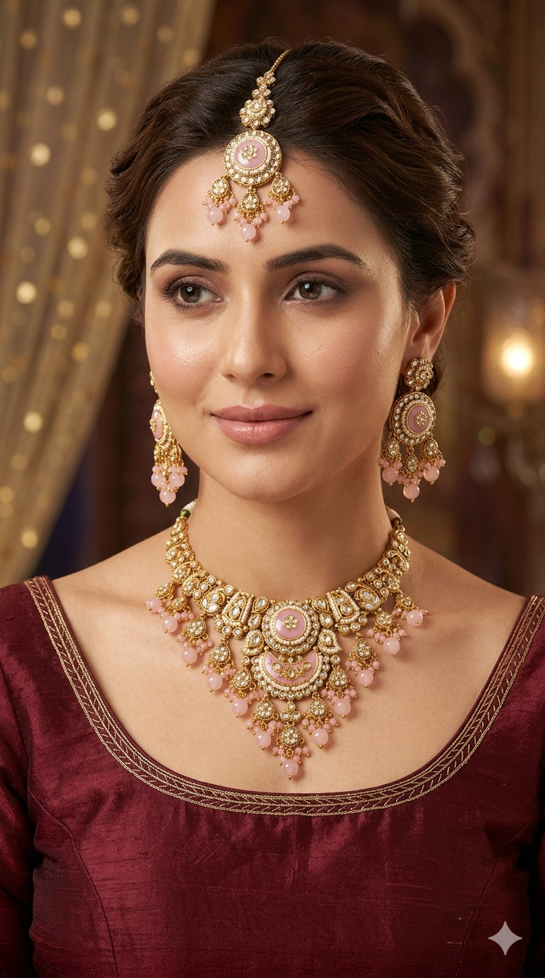Gold Pink Kundan Necklace Ravina sets
