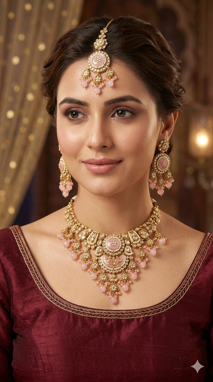 Gold Pink Kundan Necklace Ravina sets