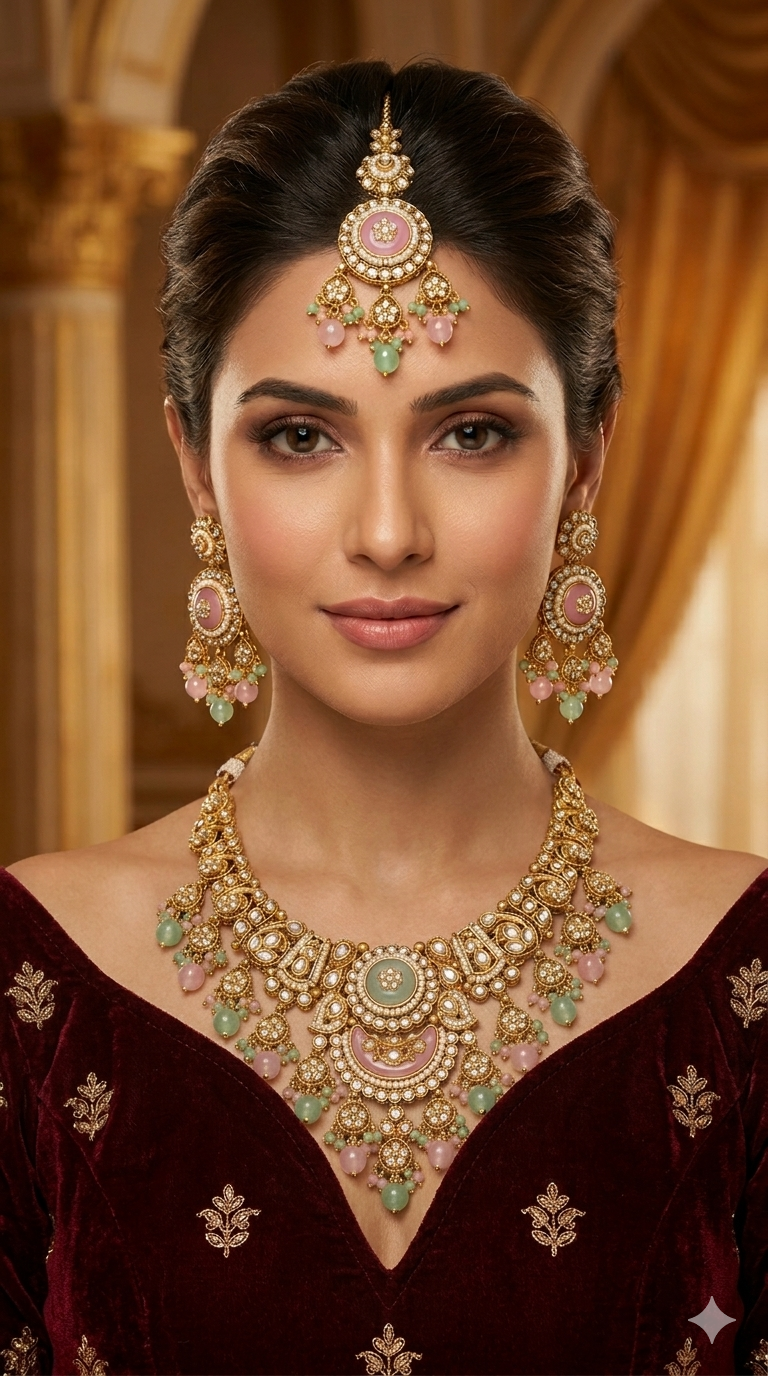 Gold Mint Pink Kundan Necklace Ravina sets