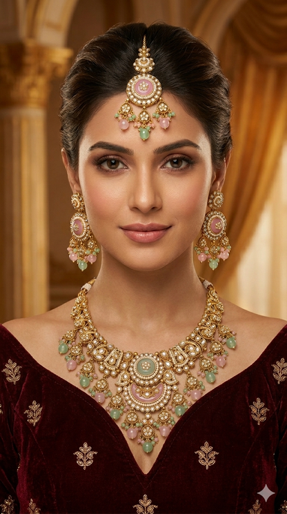 Gold Mint Pink Kundan Necklace Ravina sets