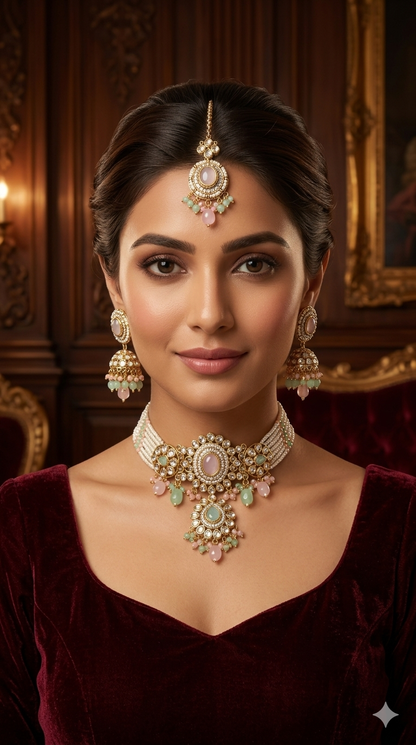 Mint Pink Kundan Choker Jewellery Farhat Set