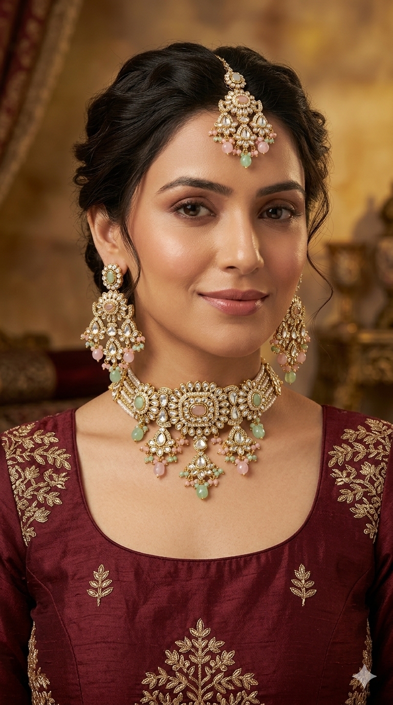 Gold White Kundan Choker Jewellery Kismat Set