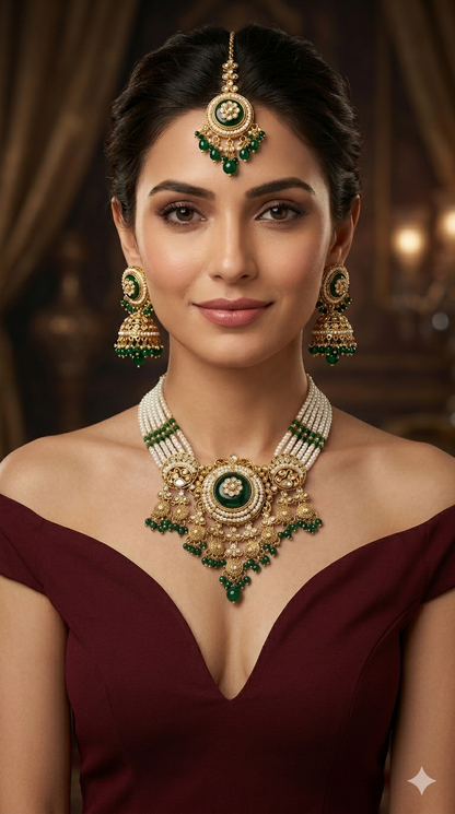 Gold Green Kundan necklace Set/ kundan Indian Japji jewellery sets