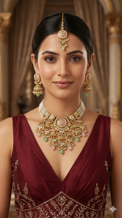 Gold Mint Pink Kundan necklace Set/ kundan Indian Ravia jewellery sets