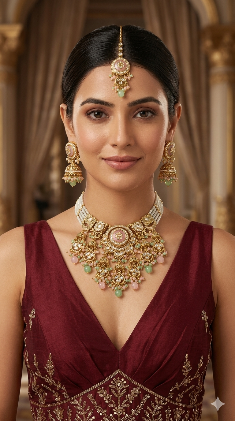 Gold Green Kundan necklace Set/ kundan Indian Ravia jewellery sets