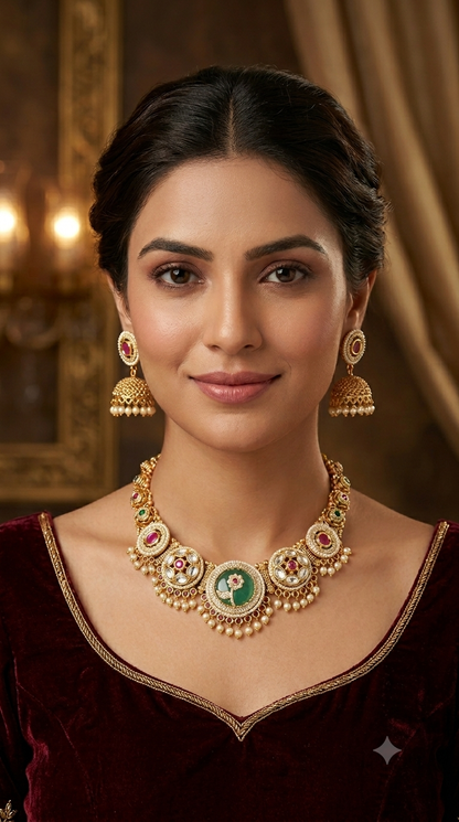 Gold Ruby Sage Green Polki Kundan Necklace Jewellery Reeta Set