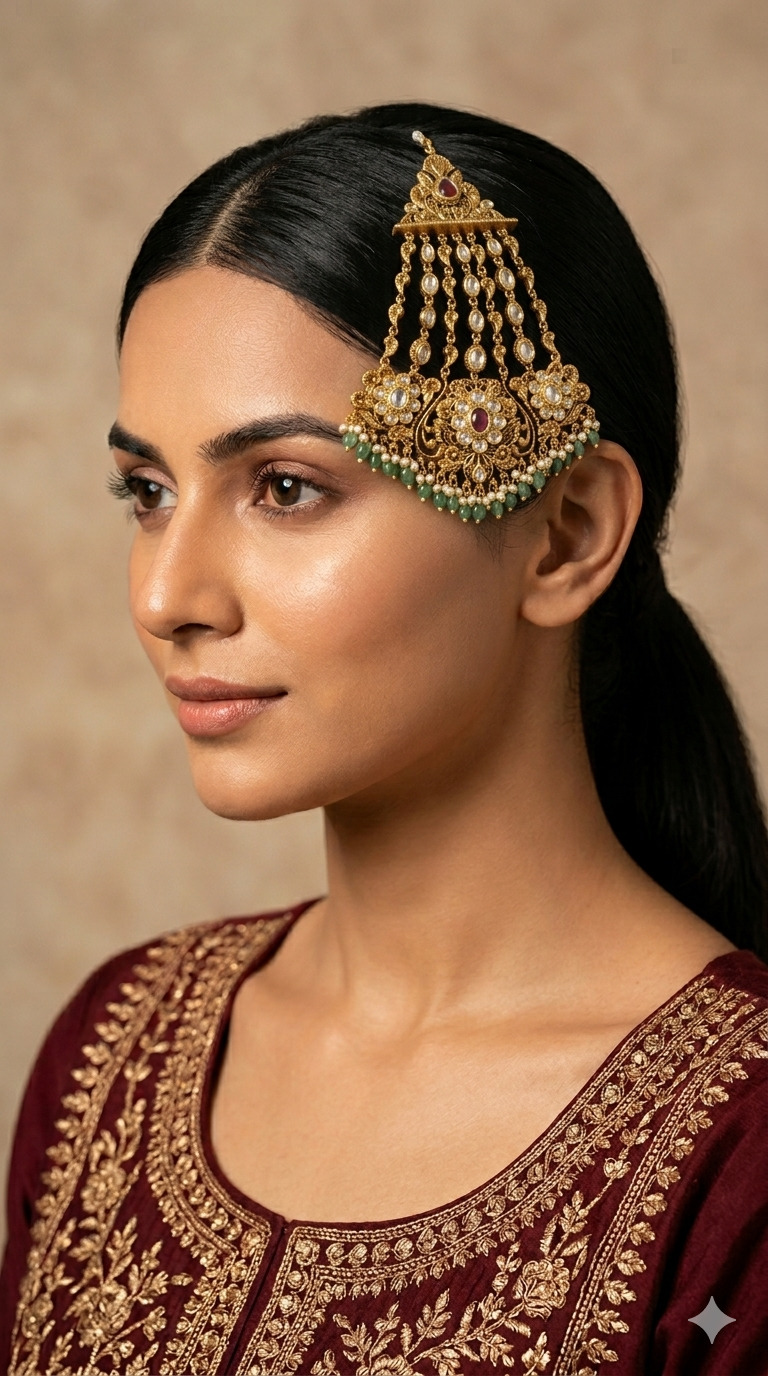 Gold Polki Ruby Sage Green Kundan Jhumar Passa Headpiece Pipas Jewelers