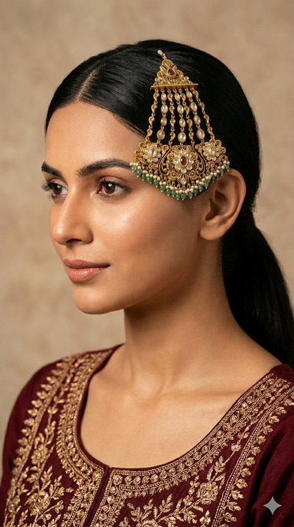 Gold Polki Ruby Sage Green Kundan Jhumar Passa Headpiece Pipas Jewelers