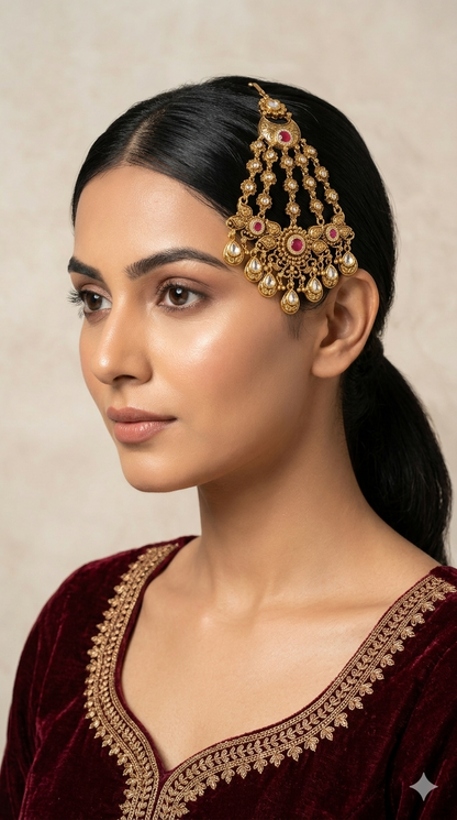 Gold Polki Ruby Kundan Jhumar Passa Headpiece Pipas Jewelers