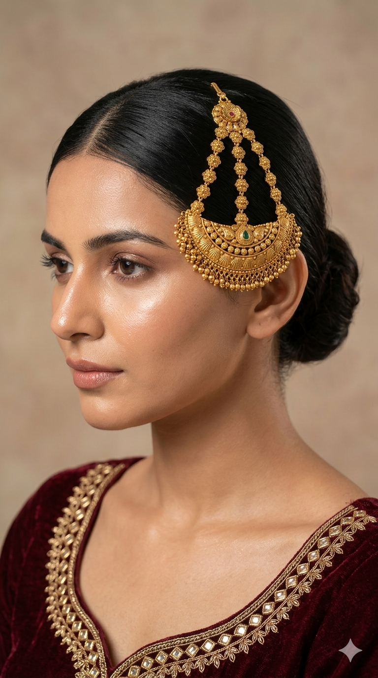 Gold Polki Ruby Green Jhumar Passa Headpiece Pipas Jewelers