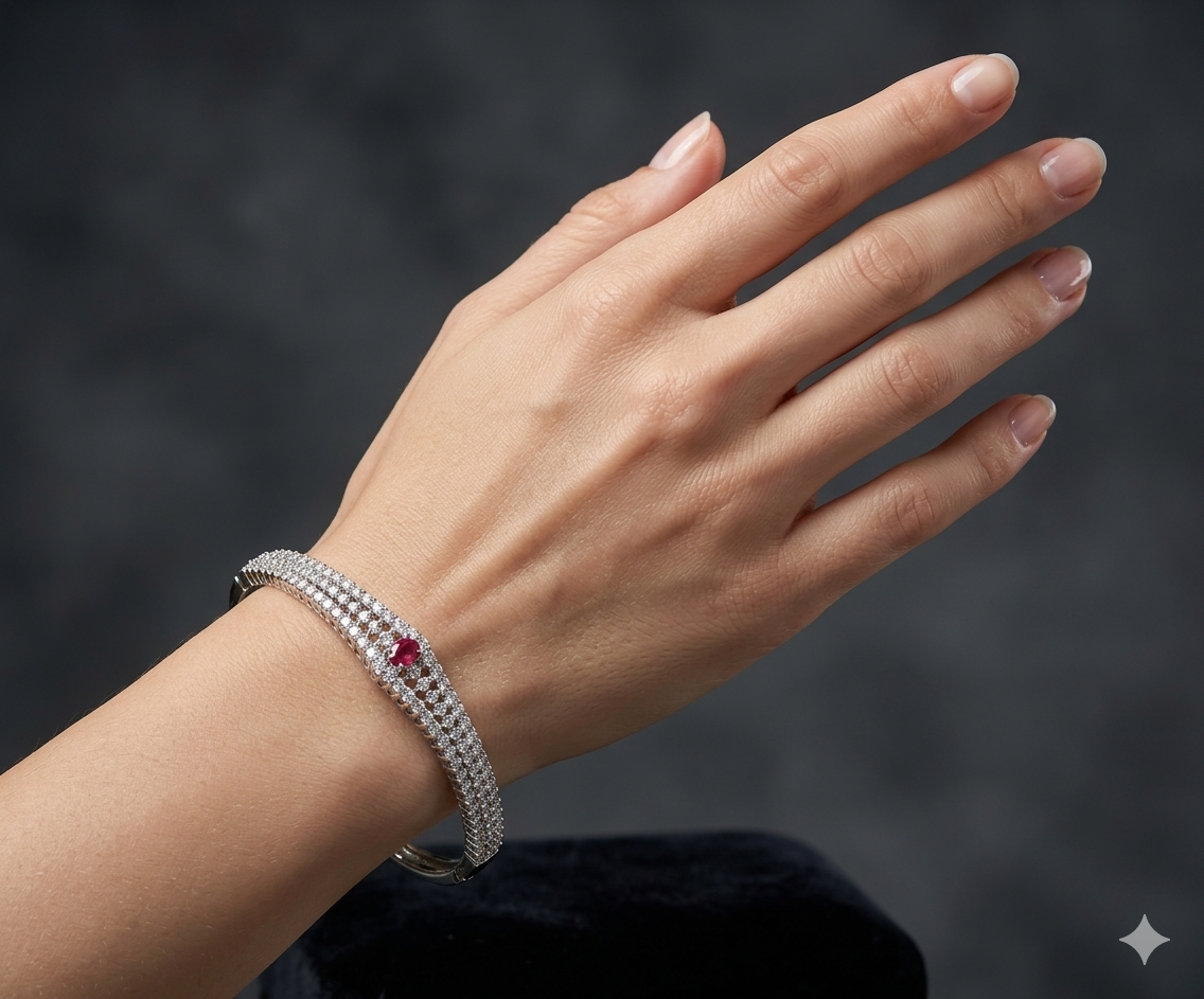 Sudha Silver Ruby American Diamond Bracelets (Openable)