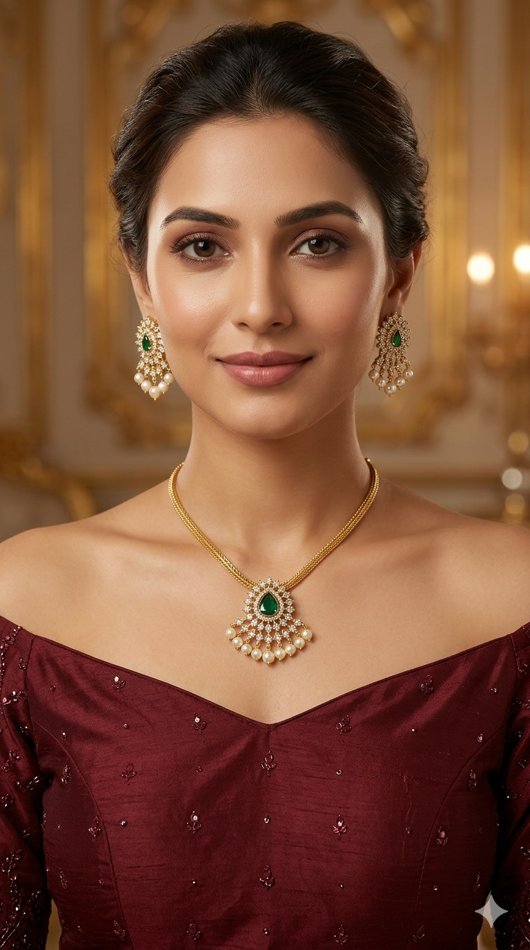Gold Green American Diamond Ad Maron Necklace Sets