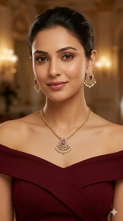 Gold Ruby American Diamond Ad Maron Necklace Sets