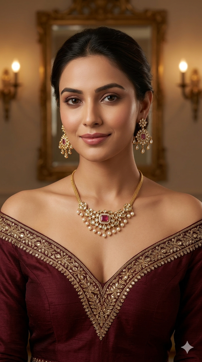 Gold Ruby American Diamond Ad Maron Necklace Sets