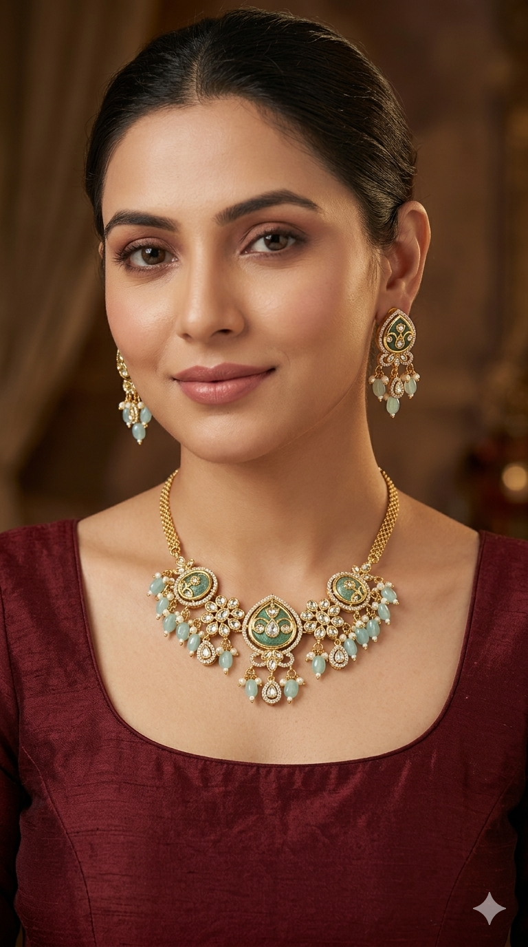 Gold Sea Green American Diamond Ad Disny Necklace Sets