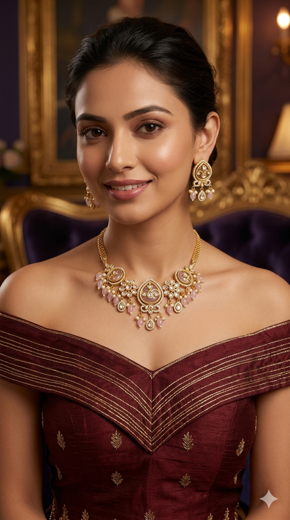 Gold Pink American Diamond Ad Disny Necklace Sets