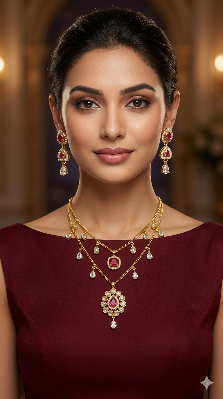 Gold Ruby American Diamond Ad Disny Necklace Sets