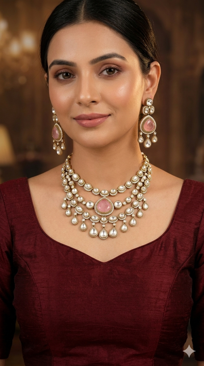 Antique Moissanite Pink Kundan Necklace Jewellery Erin Set