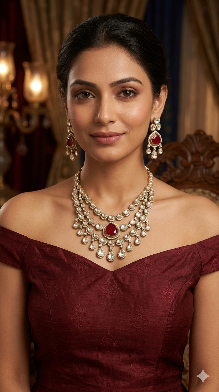 Antique Moissanite Maroon Kundan Necklace Jewellery Erin Set